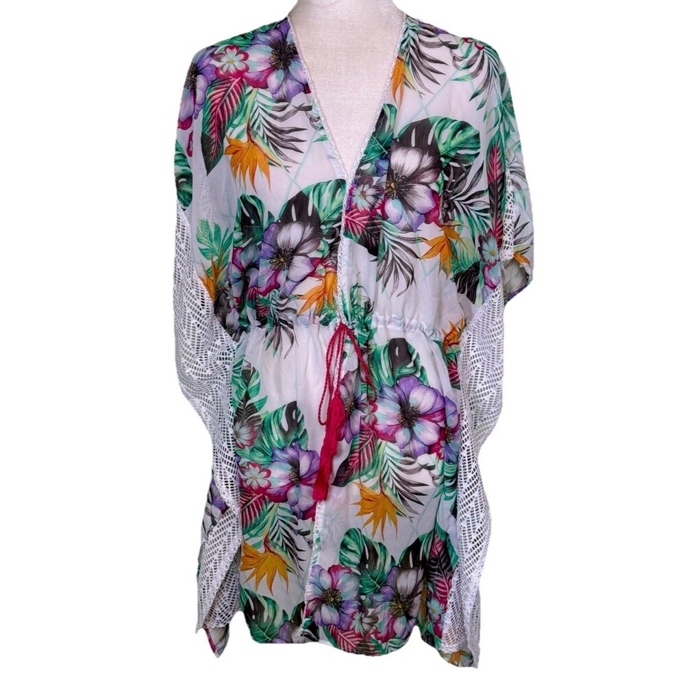 Women Tropical Floral Swim Cover Up Kaftan Sheer Drawstring Tassel Size XL